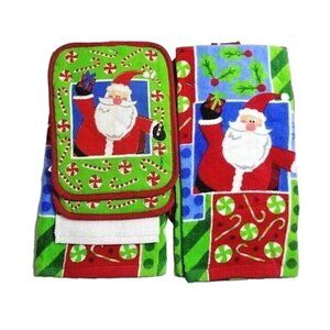Retro Santa Clause Kitchen Towel Set Potholders Dishcloth Candy Cane 4-Piece NIP